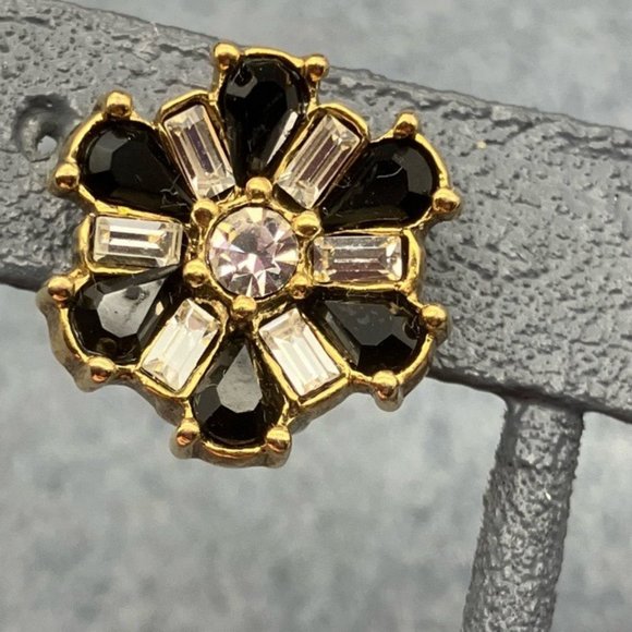 1928 Clip On Earrings Black Gold Rhinestone Star Flower Asterisk Vintage Retro - Picture 5 of 7